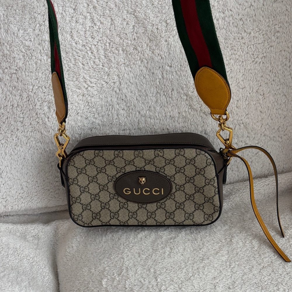 Gucci GG Supreme Beige and Brown Crossbody with Green-Red Web Strap